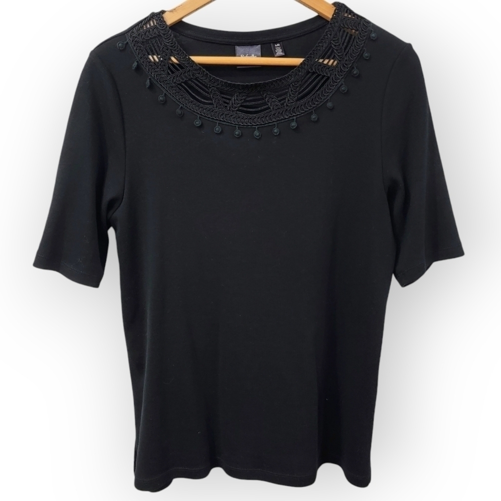 Rafaella Black Cotton Short Sleeve Top Embroidery & Cutouts at neckline Size L